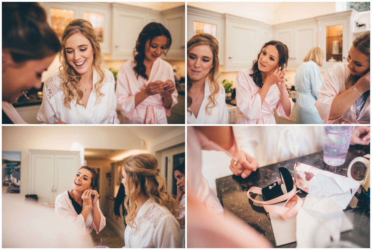 Bride gives her bridesmaids a Thank You gift on the morning of her wedding in Cheshire.