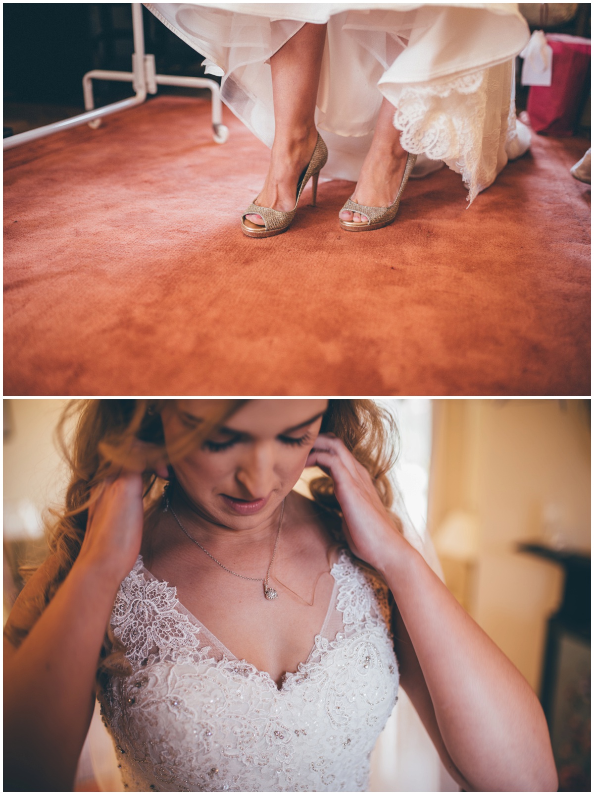 Bride dresses on her weddin morning, puts on her Jimmy Choos and diamond necklace.