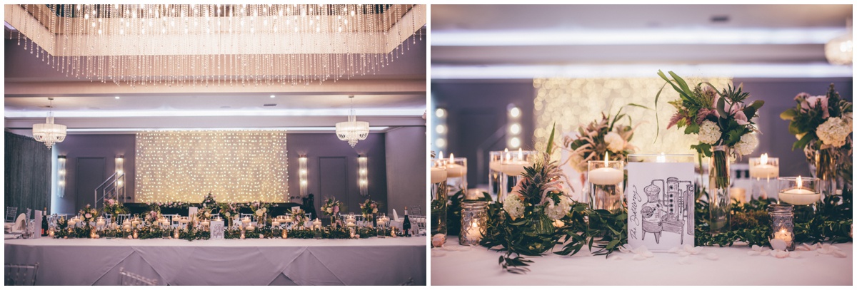 Stunning gin-themed wedding breakfast room decorated with Red Floral flowers and candles.