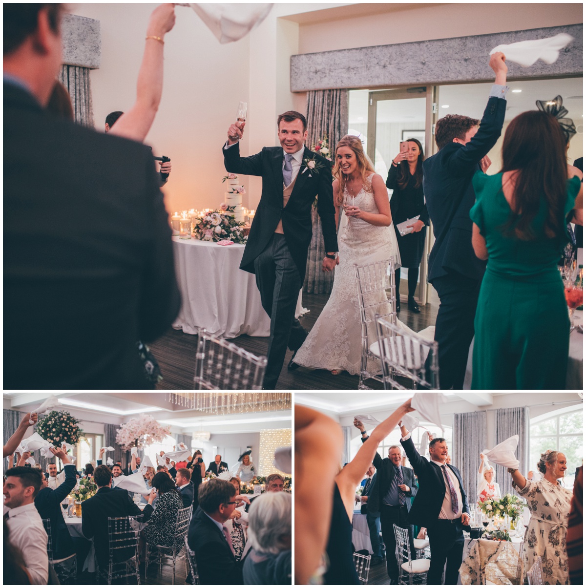 Wedding guests welcome the bride and groom into their wedding breakfast.