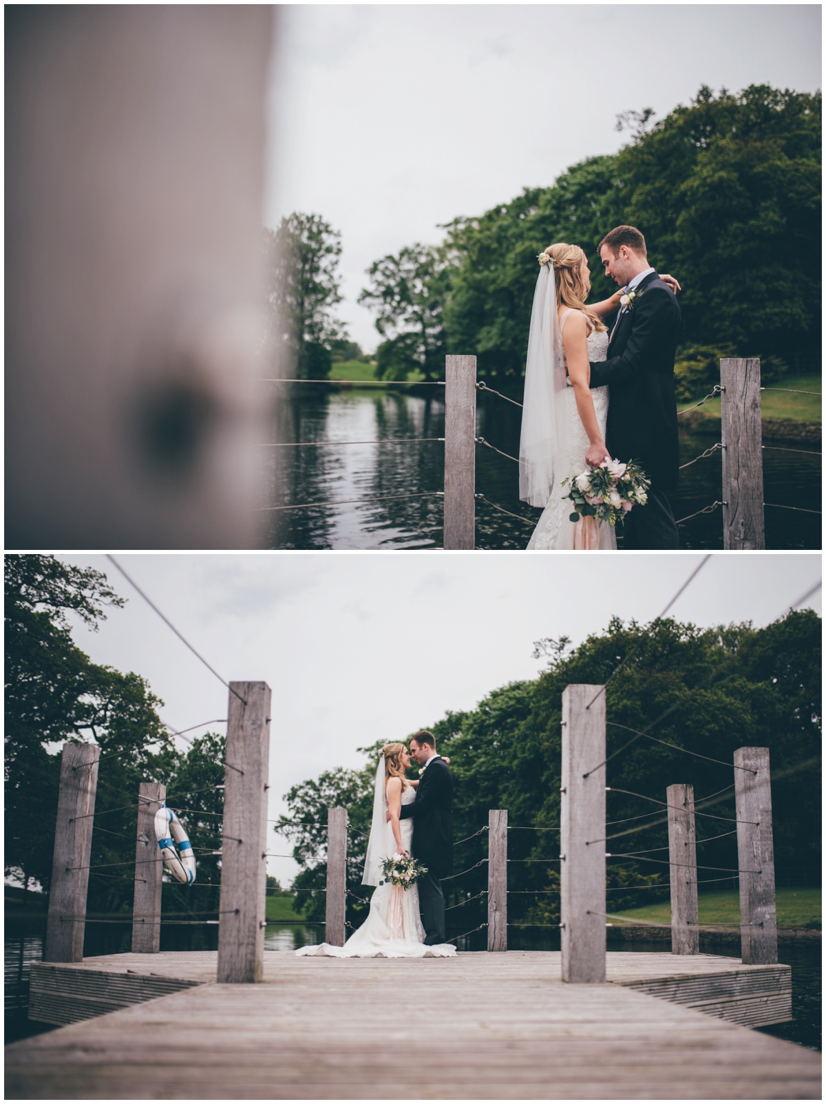 The bride and groom stand and cuddle on the jetty at Merrydale Manor.