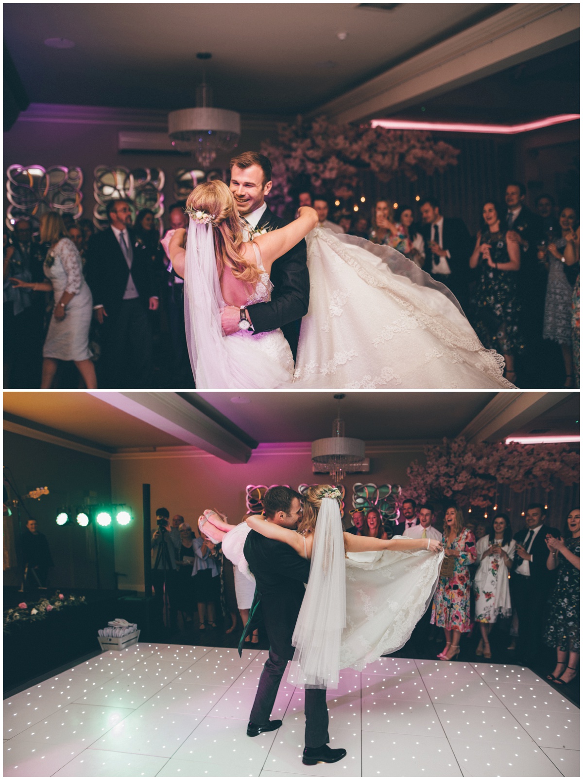 Bride gets lifted by her new husband during their First Dance to a Spice Girls song.