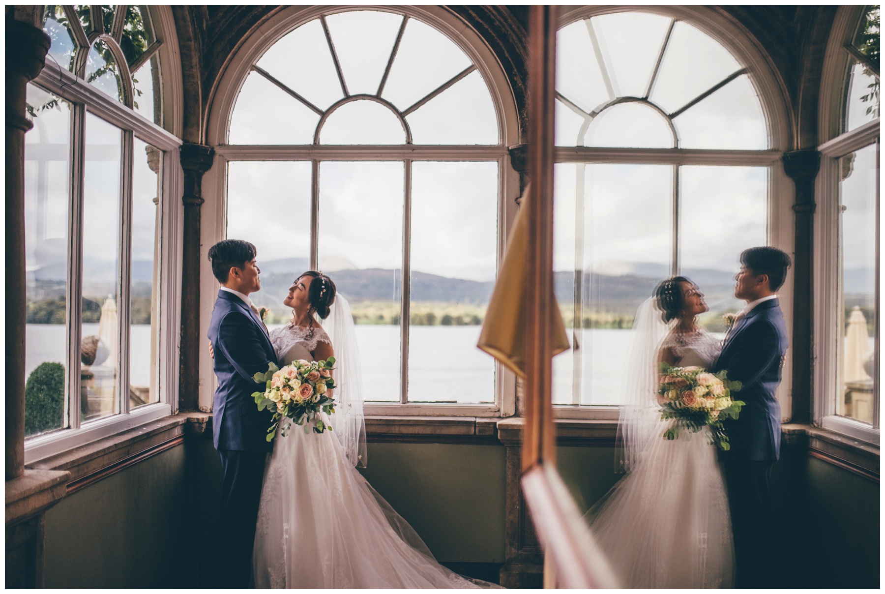 Bride and groom in the conservatory at Langdale Chase Hotel in the Lake District.