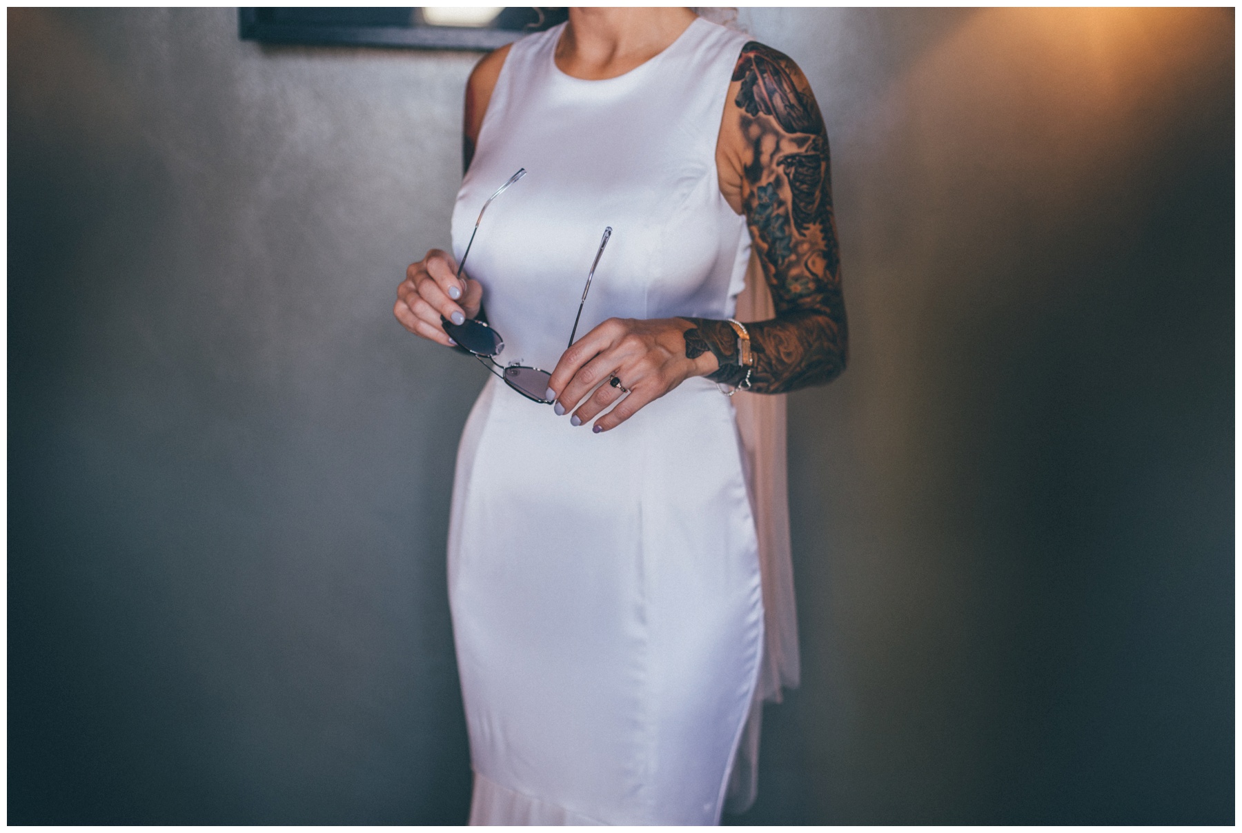 Amazing tattooed bride at Oddfellows wedding in Chester.