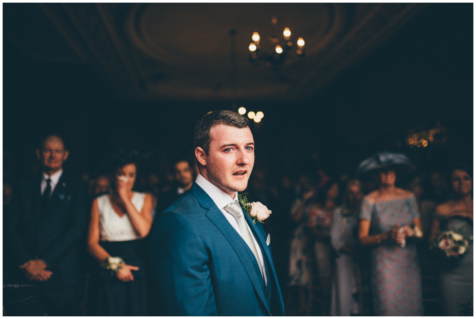 Grooms eyes well up at he sees his bride walking towards him at Thornton Manor.