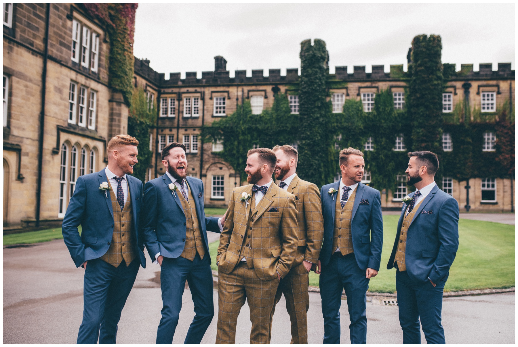 Groom and his groomsmen all dress in tweed at Swinton Park Estate wedding in Yorkshire.
