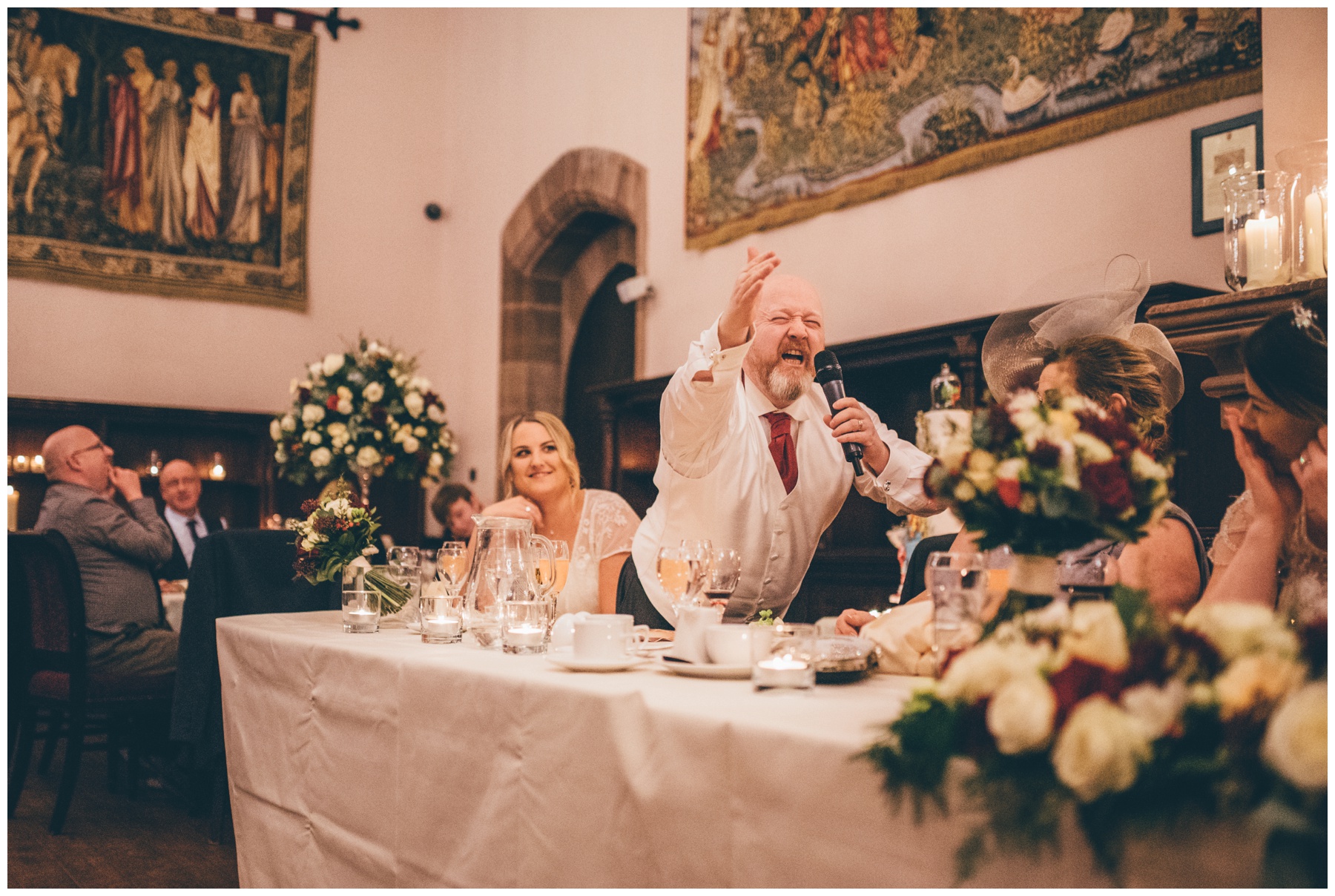 The bride's Dad makes a joke about the bride during his speech at Peckforton Castle in Cheshire.