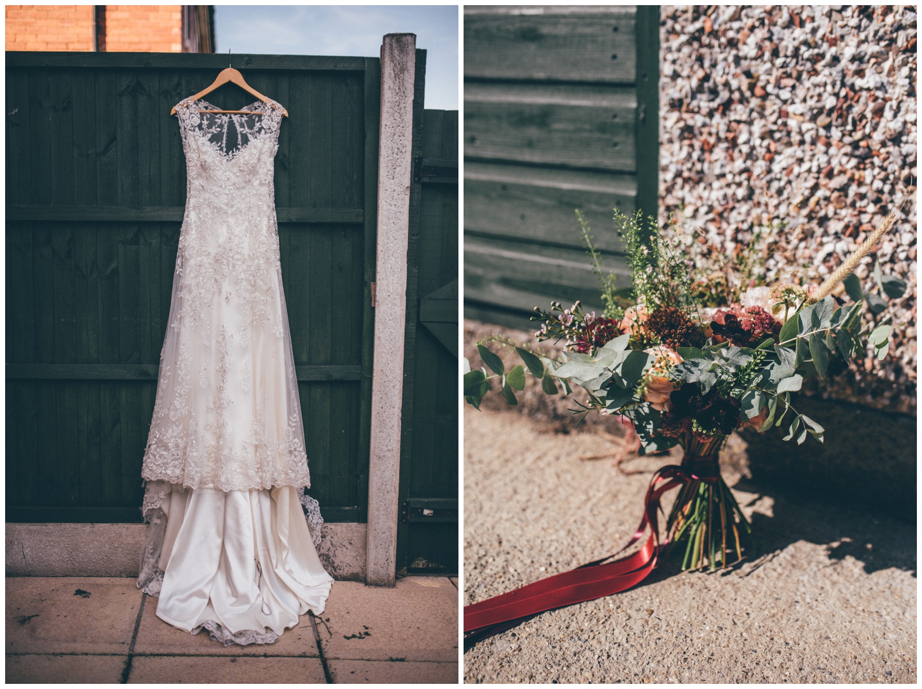 Stunning lace gown hung up and wild flowers in the garden for the Sheffield city centre wedding.
