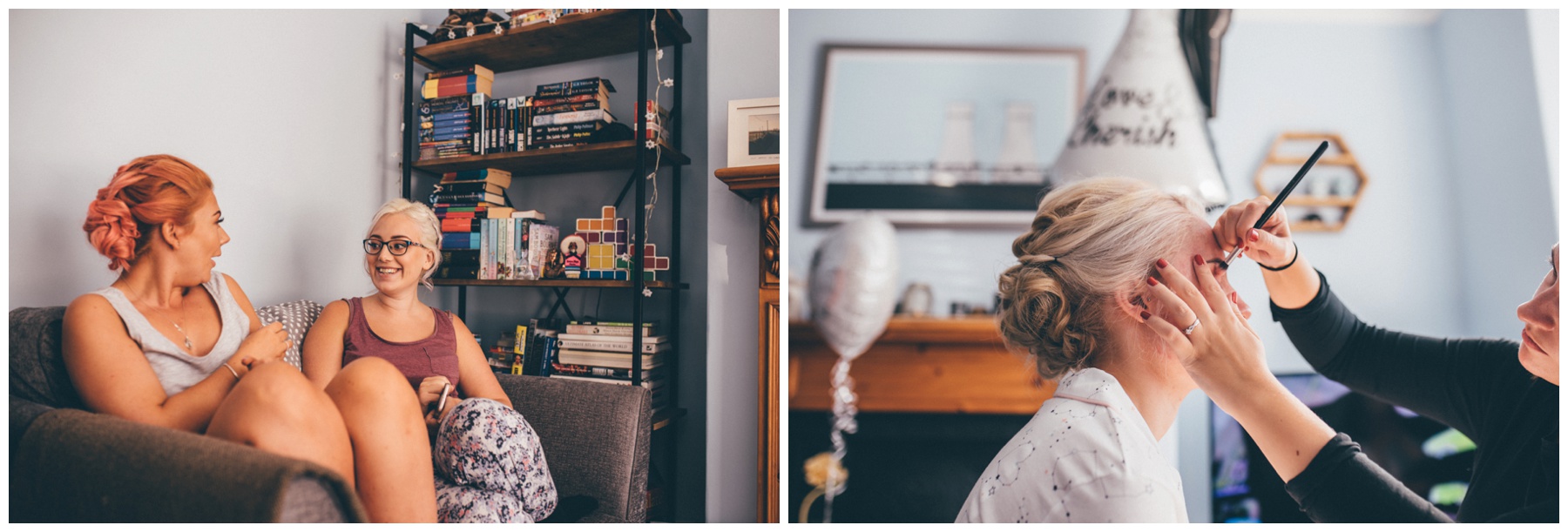 Bride gets her make-up done on the morning of her wedding at the Hide in Sheffield.