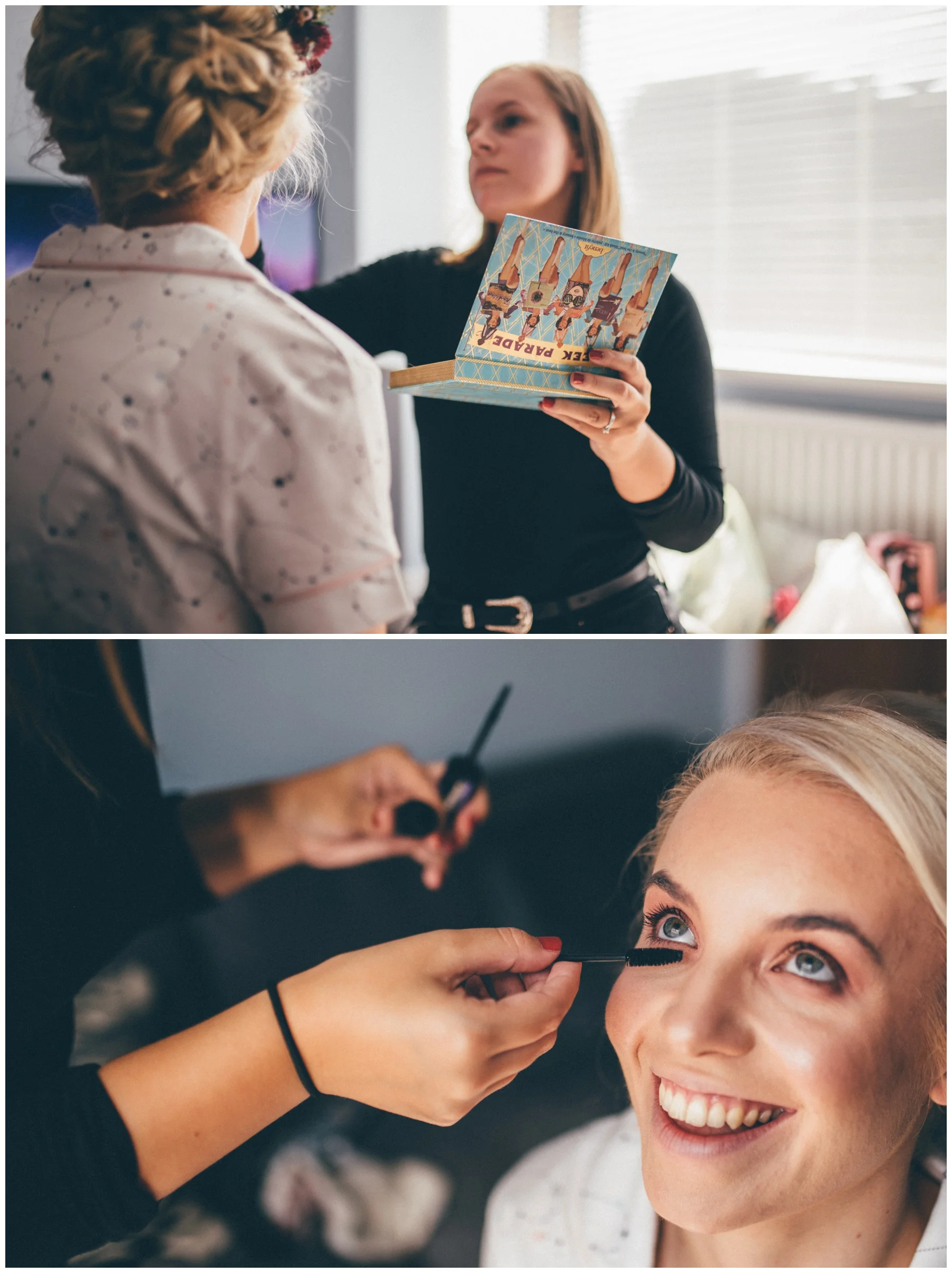 Smiling bride gets the finishing touches to her make-up on her wedding morning.