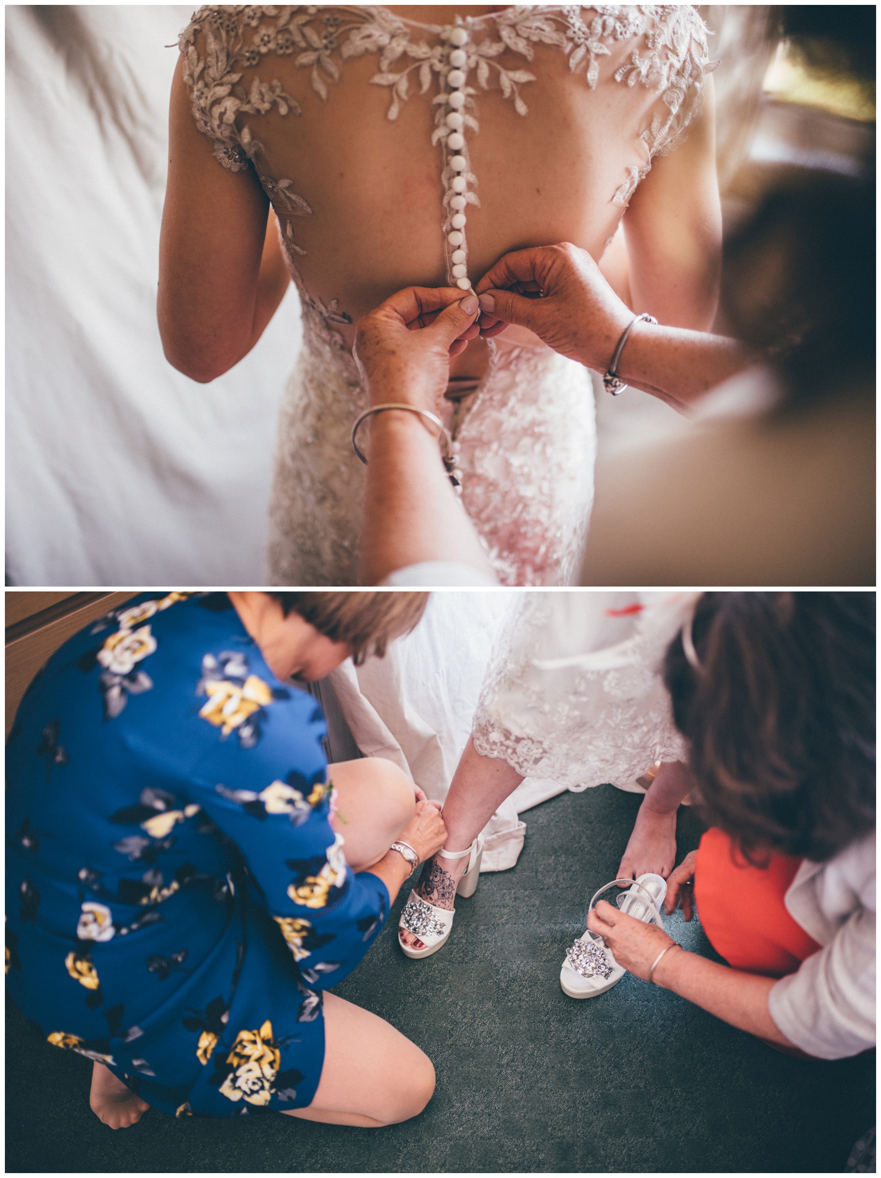 The bride-to-be gets dressed with the help of her mum on her wedding day.