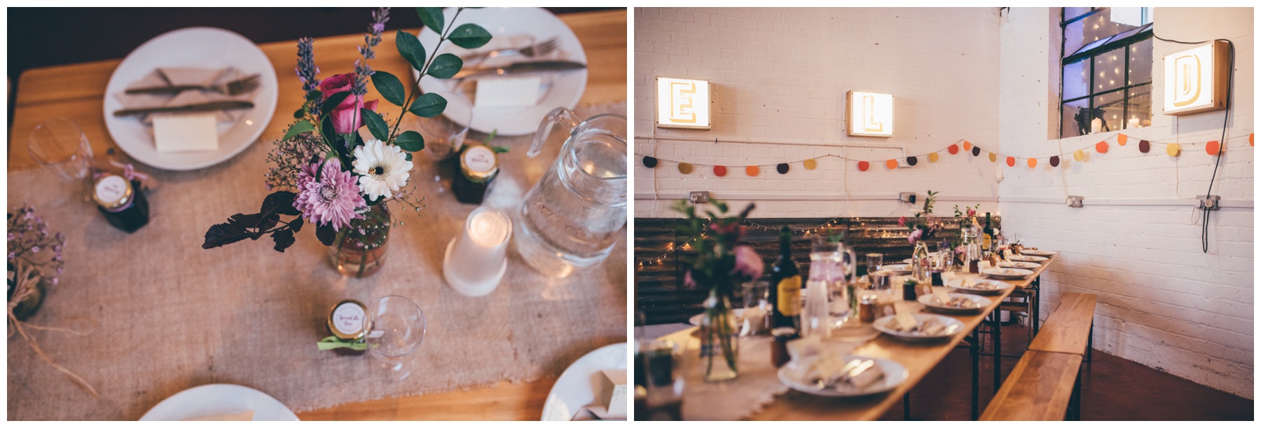DIY table decorations at the creative wedding venue in Sheffield, The Hide.