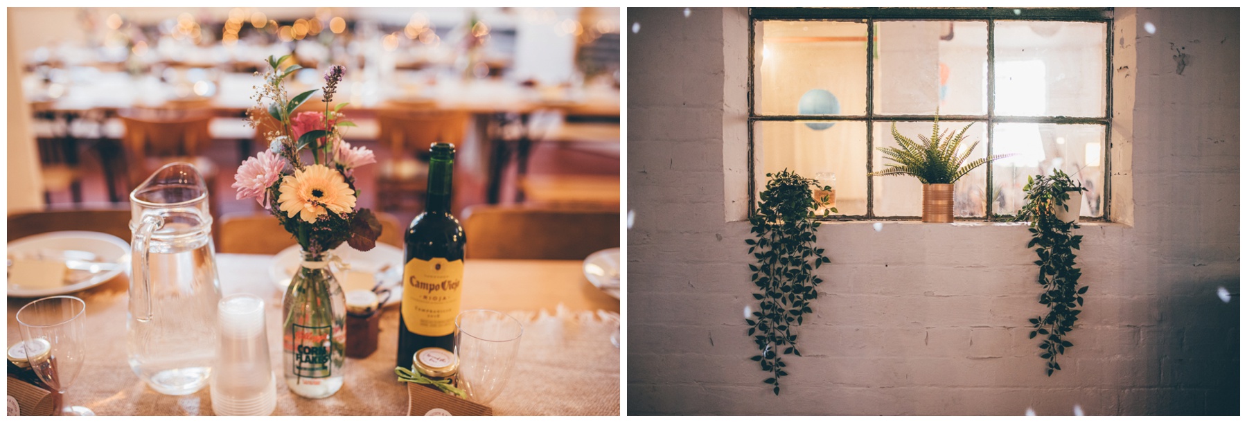 DIY table decorations at the creative wedding venue in Sheffield, The Hide.