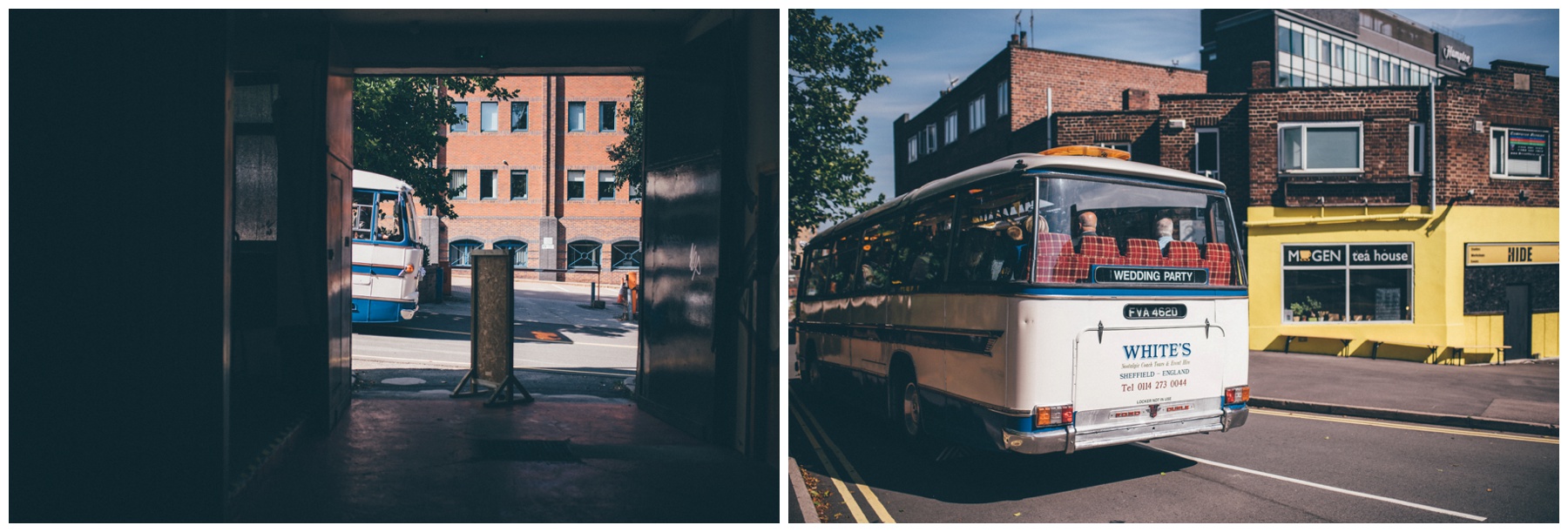 Vintage wedding bus arrives at The Hide in Sheffield City Centre.