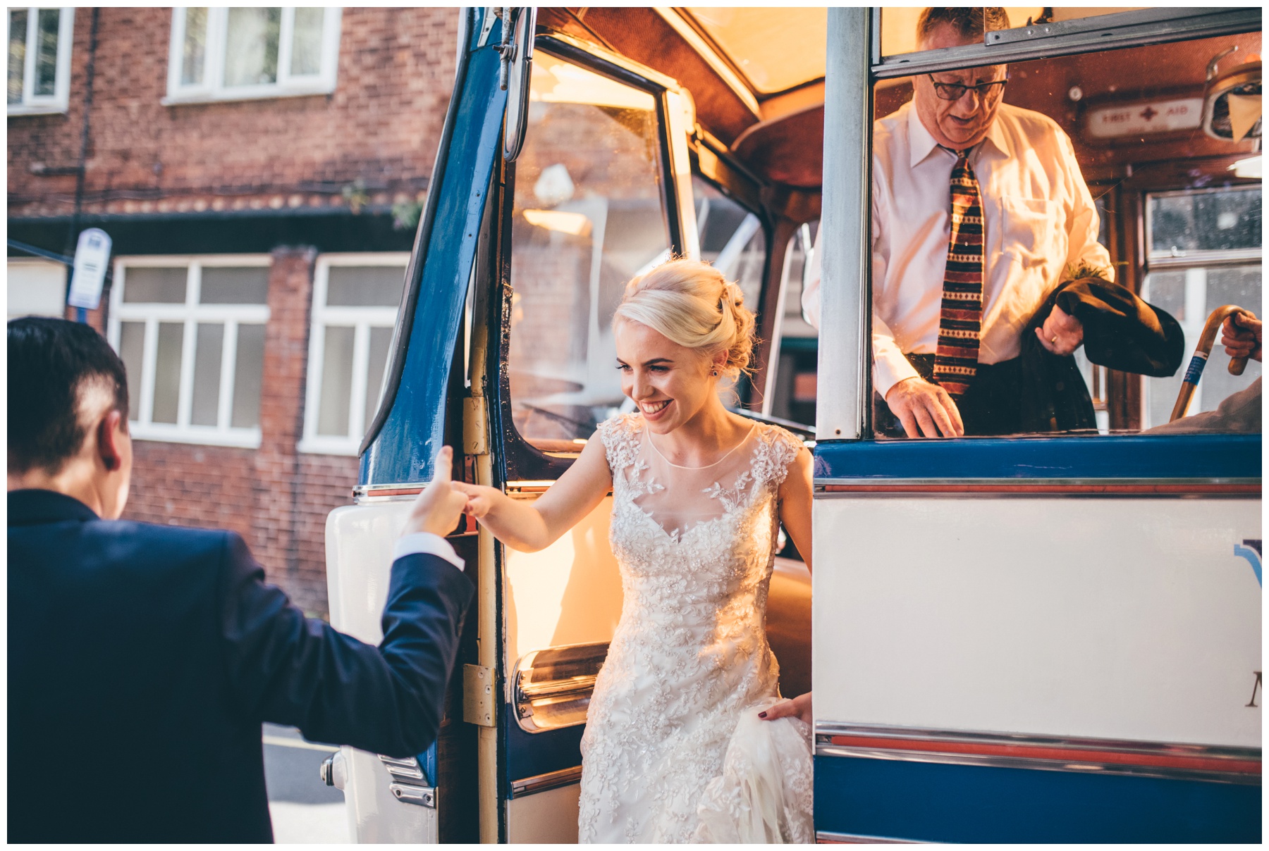 Vintage wedding bus arrives at The Hide in Sheffield City Centre.