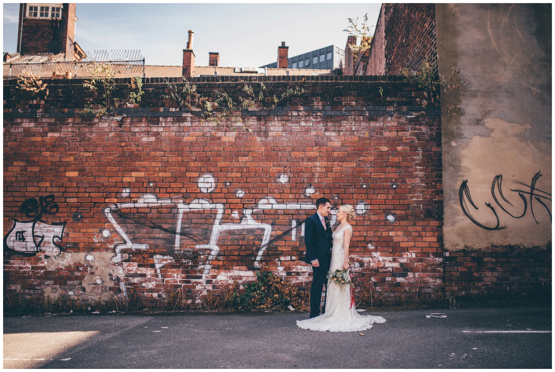 Graffiti covered car park and streets in Sheffield city centre wedding.