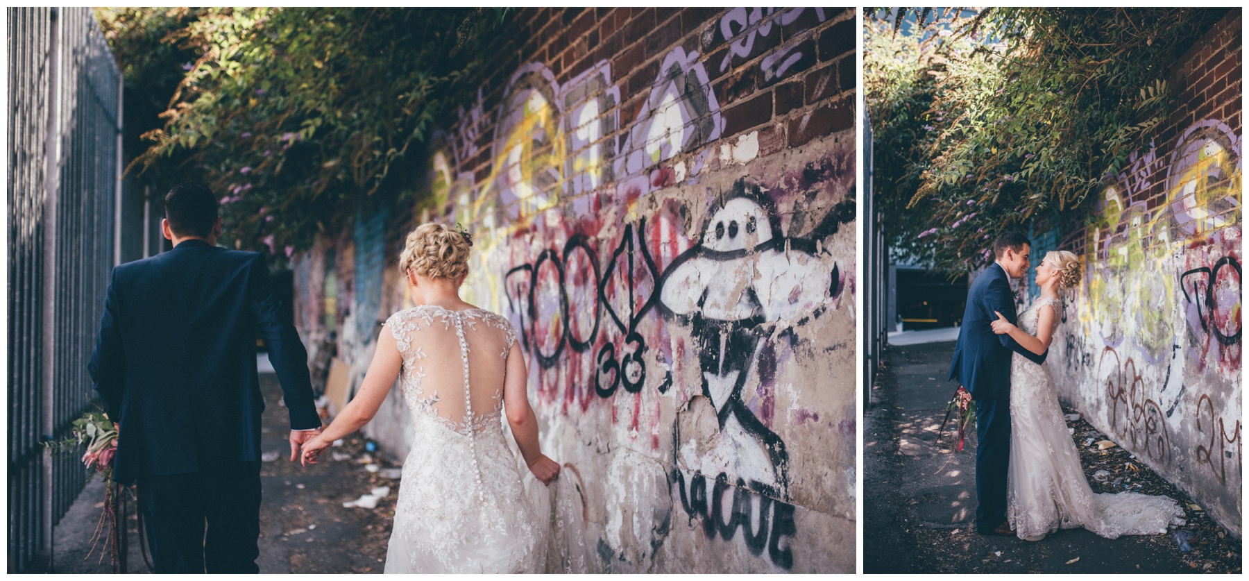 Graffiti covered car park and streets in Sheffield city centre wedding make a great back-drop for bride and groom.