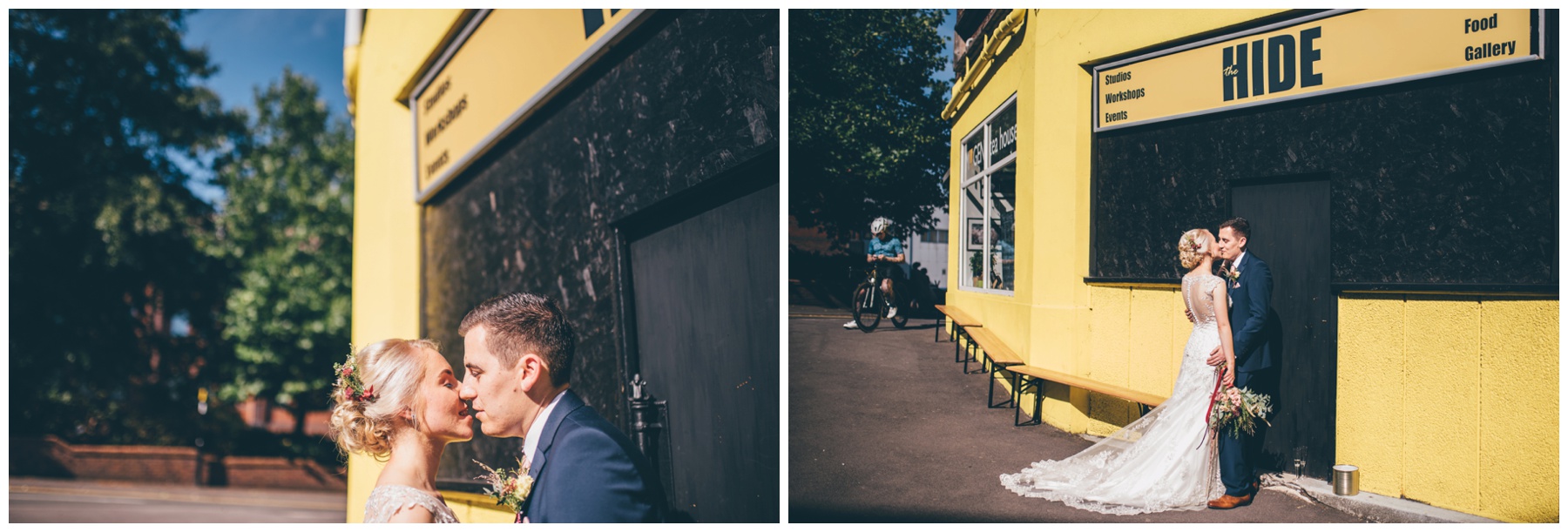 Bride and groom stand outside The Hide, their Sheffield city centre wedding venue.