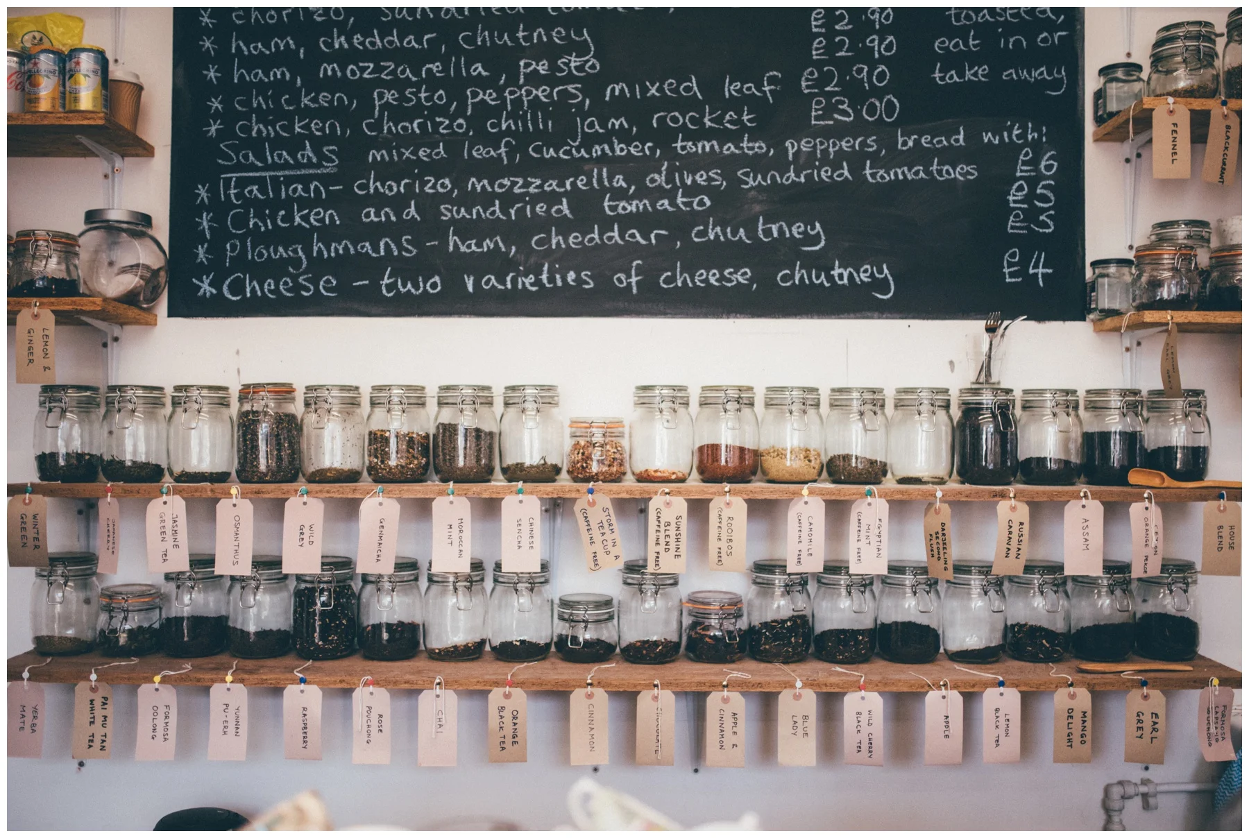 Interior and selection of coffees and teas at The Hide in Sheffield city centre.