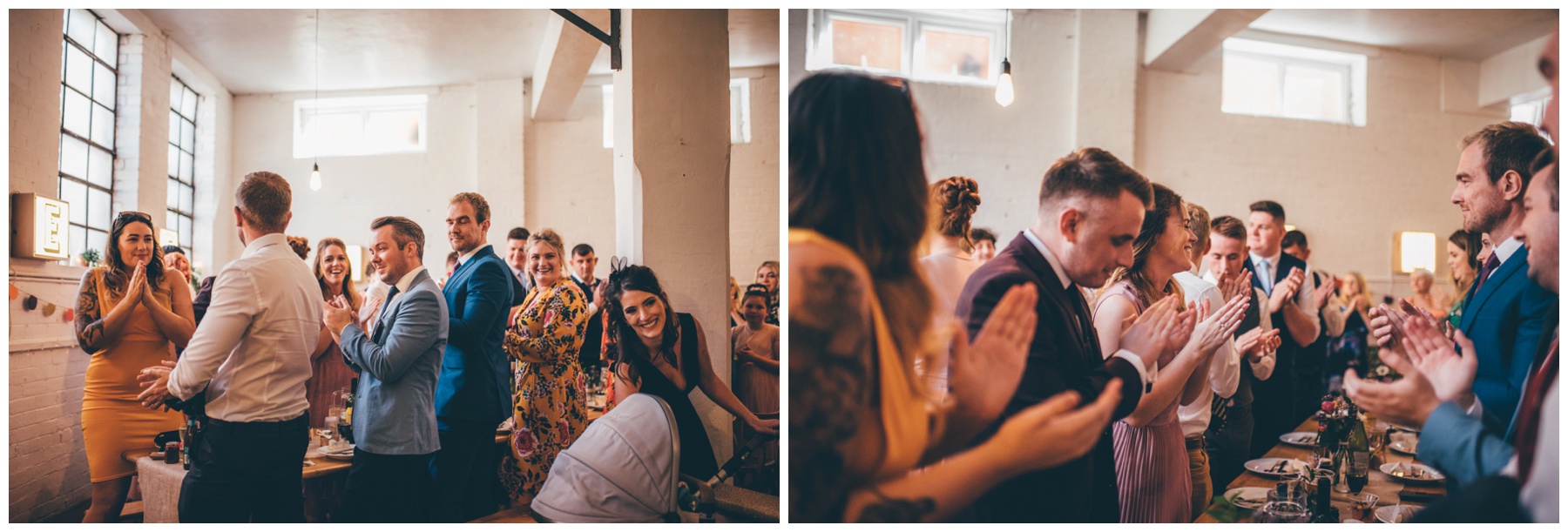 Wedding guests applaud the bride and groom at The Hide in Sheffield city centre.