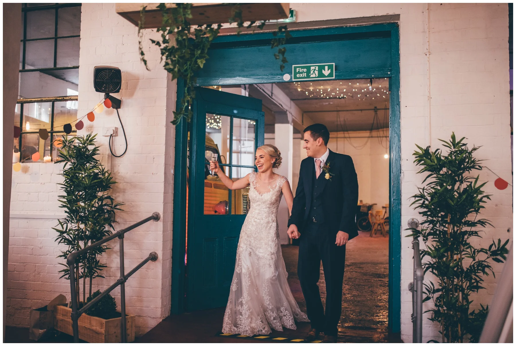Bride celebrates on her wedding day at The Hide in Sheffield.