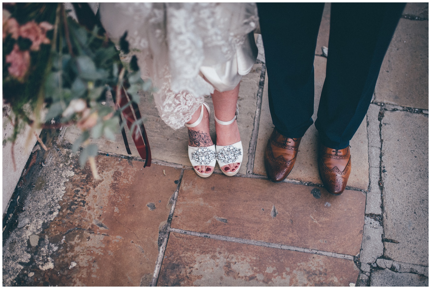 Bride and grooms gorgeous footwear at the city centre wedding in Sheffield.