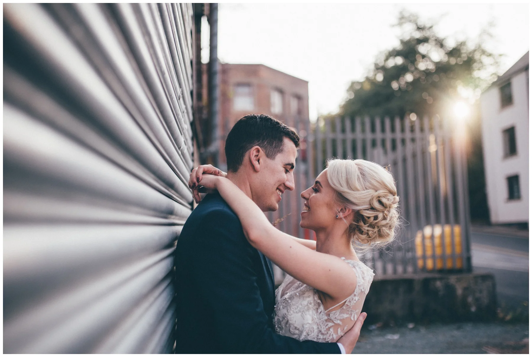 Bride and groom explore the city centre of Sheffield surround The Hide, their cool wedding venue.