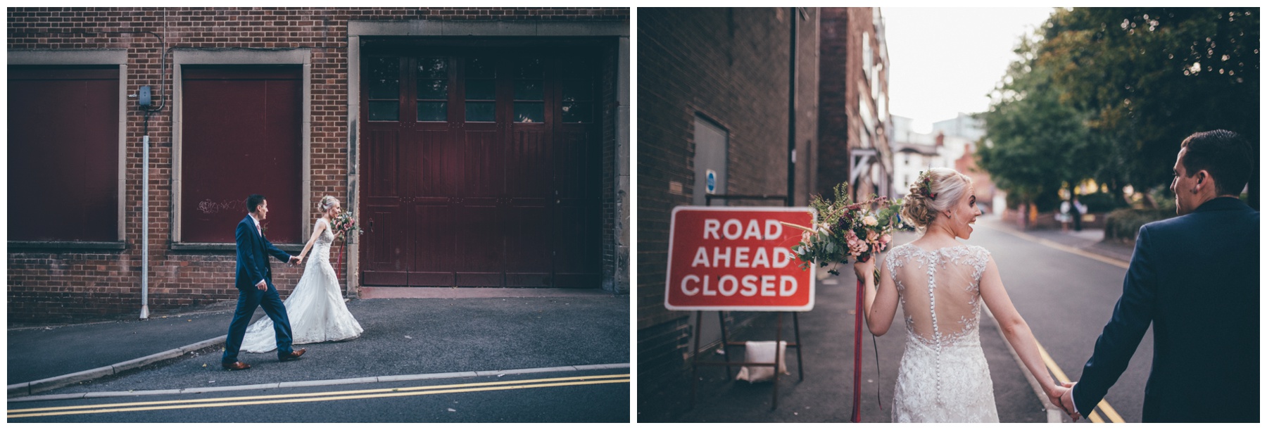 Bride and groom explore the city centre of Sheffield surround The Hide, their cool wedding venue.