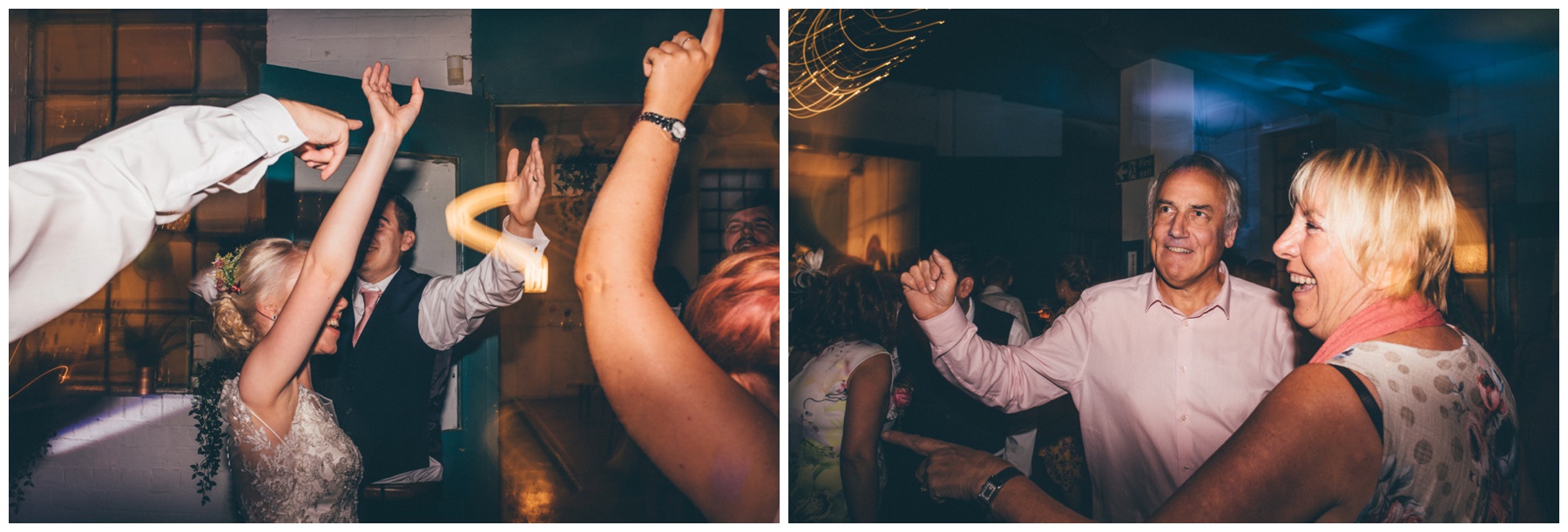 Guests dance at The Hide, a cool, Urban wedding venue in Sheffield.