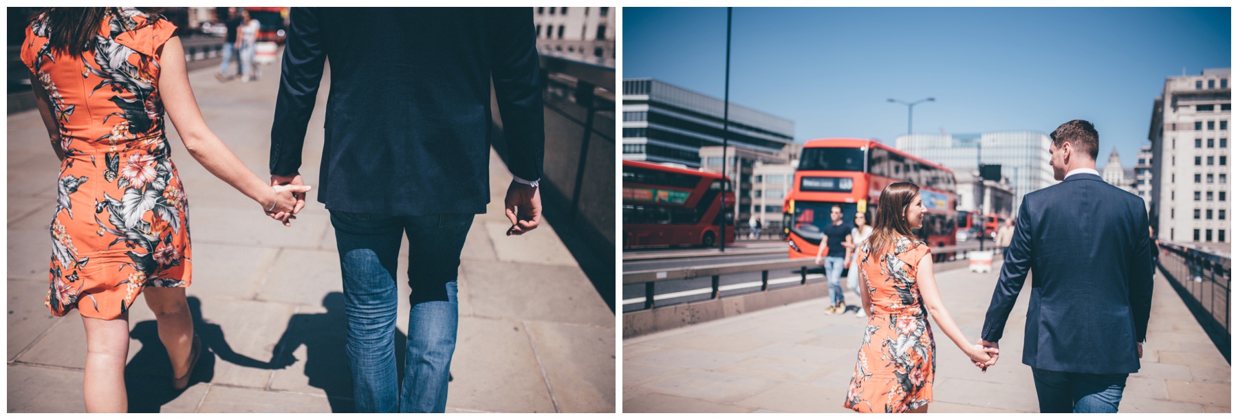 Couple stroll through London City Centre for their engagement shoot.