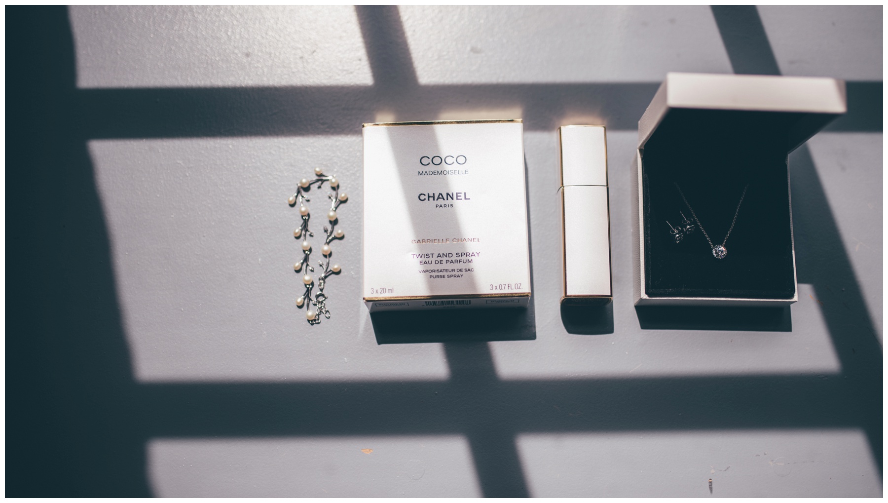 Bride's Chanel perfume and make-up on her wedding morning at Titanic Hotel in Liverpool.