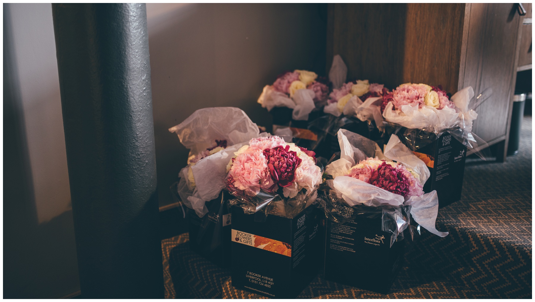 Beautiful peony bridal bouquets at the Titanic Hotel in Liverpool.
