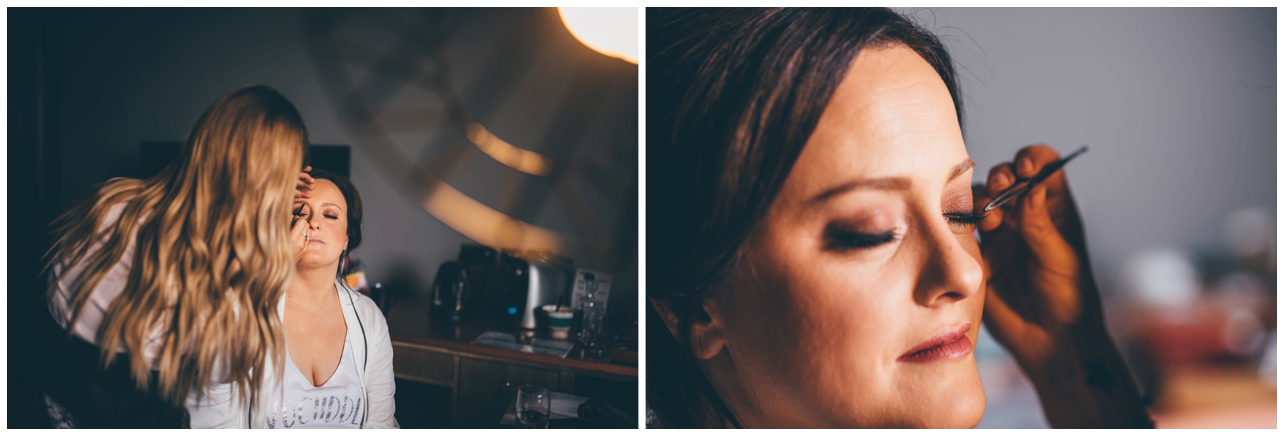 Bride getting her make-up done ahead of her wedding at Titanic Hotel in Liverpool.