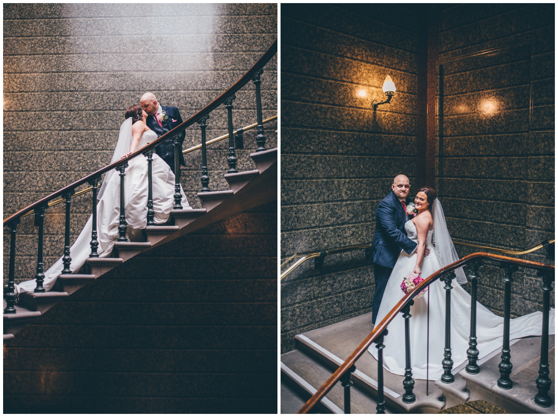 Bride and groom stand together in St George's Hall in Liverpool.