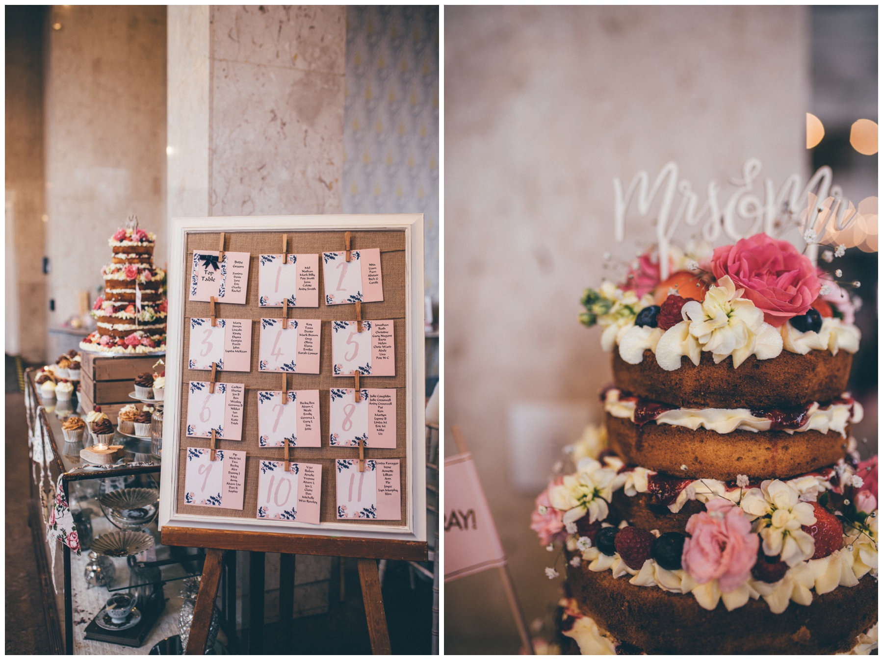 Wedding cake and table seating plan at Wedding venue Oh Me Oh My in Liverpool City Centre.