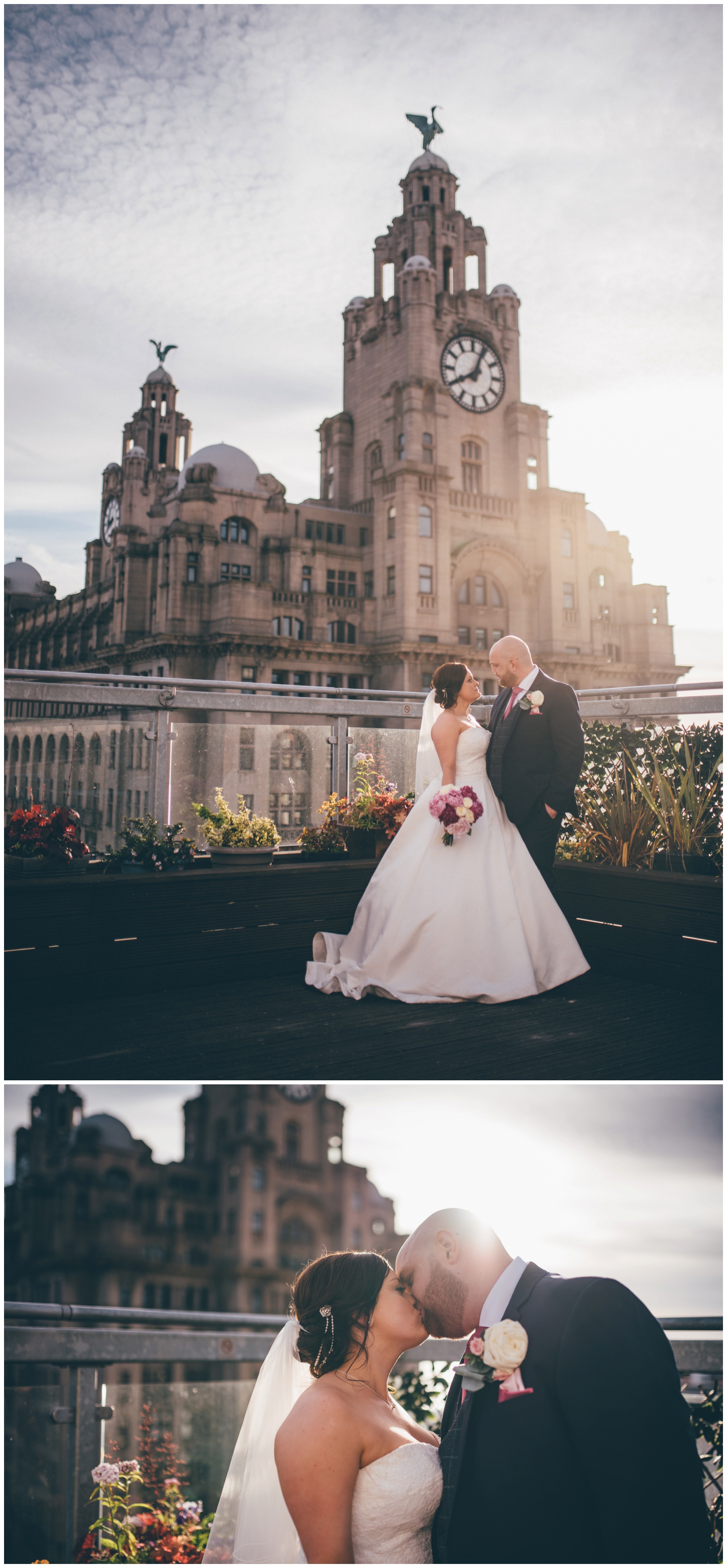 New bride and groom on the roof terrace at Liverpool Wedding venue, Oh Me Oh My, overlooking the Liver Building.