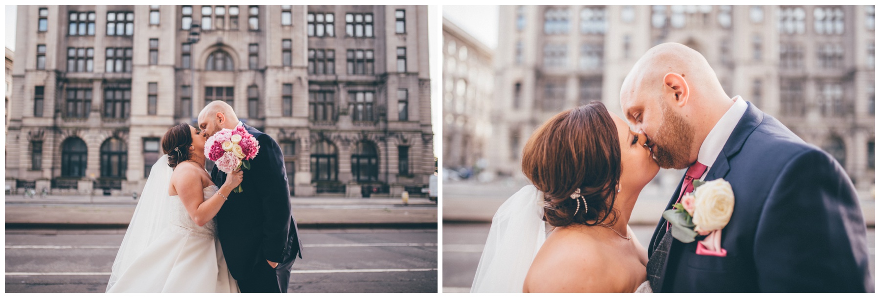 New bride and groom on the roof terrace at Liverpool Wedding venue, Oh Me Oh My, overlooking the Liver Building.