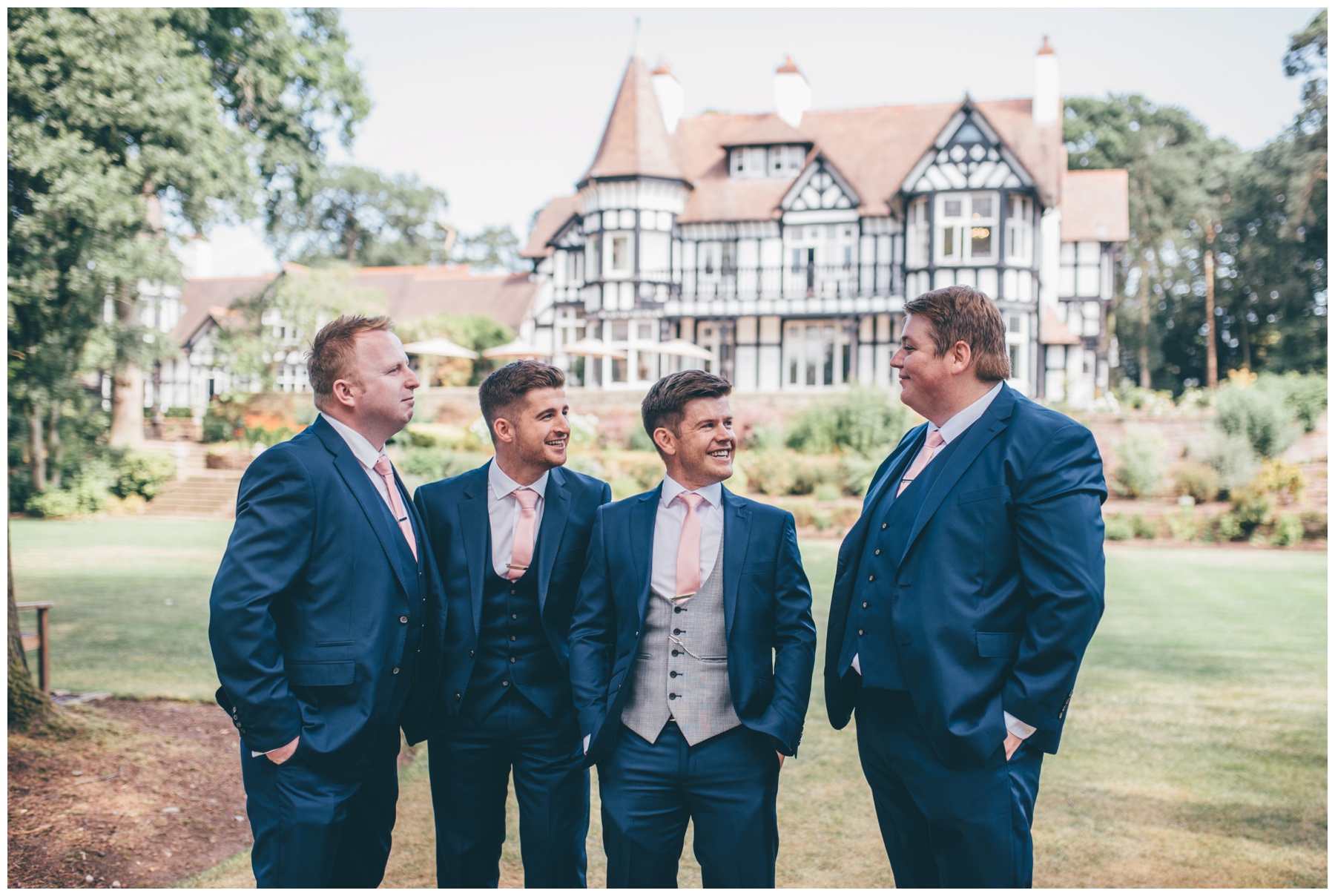The groom and his groomsmen before the wedding at Tilstone House in Cheshire.