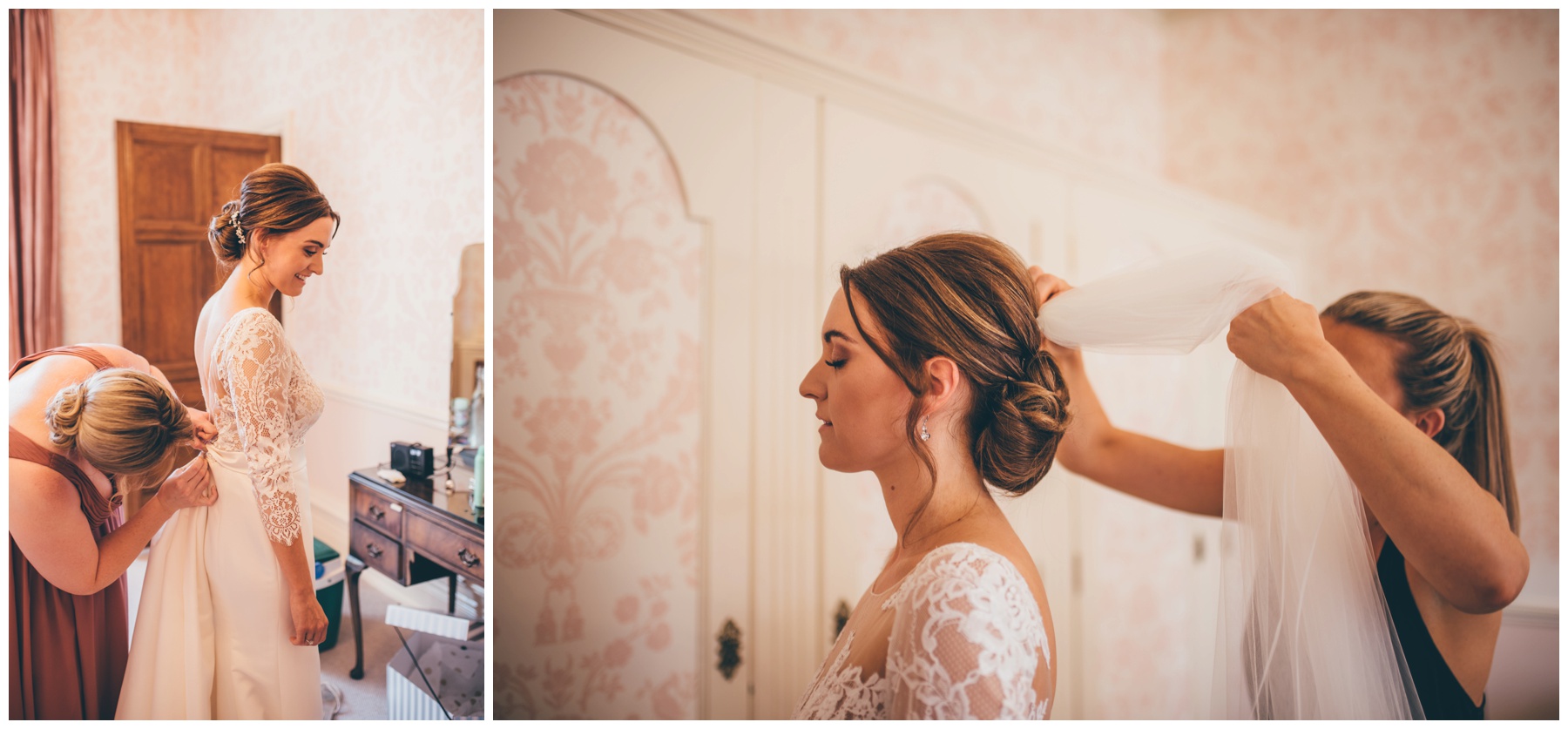 Beautiful bride gets ready before walking down the aisle at Tilstone House.