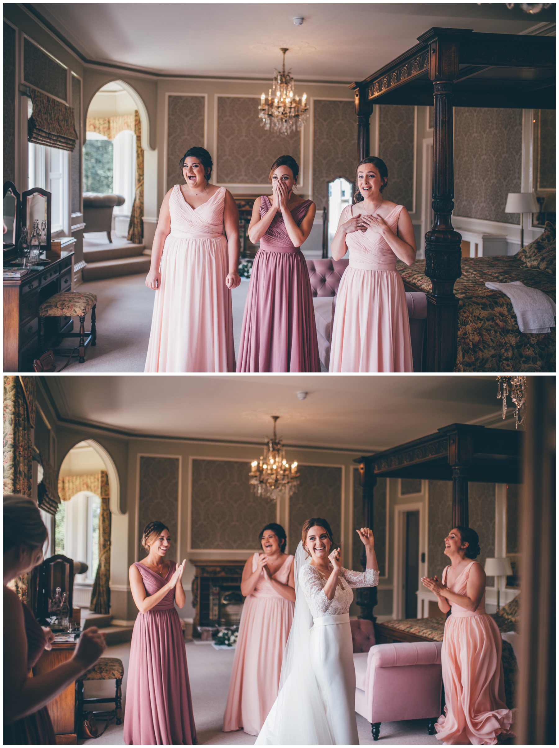 The bridesmaids see their friend for the first time as a bride at Tilstone House.