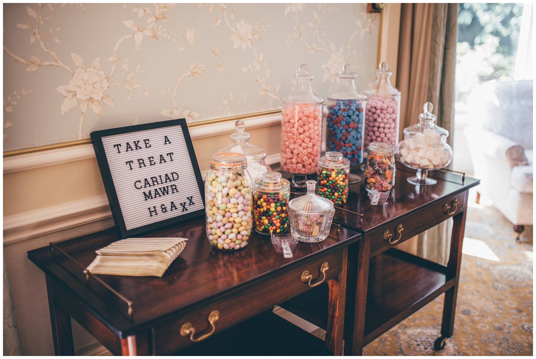 Welsh themed sweet table at Tilstone House.