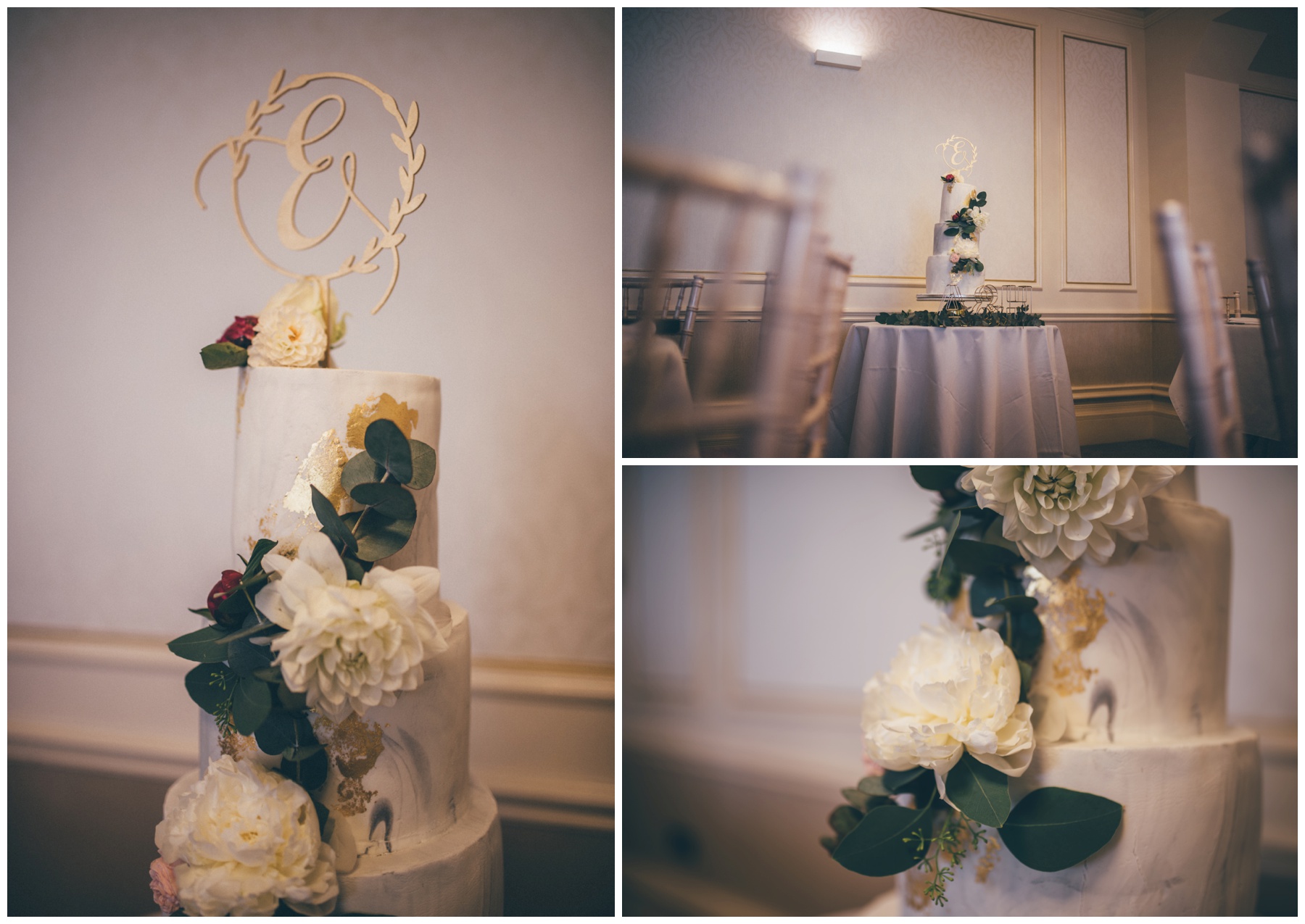 Beautiful marble wedding cake with gold details.