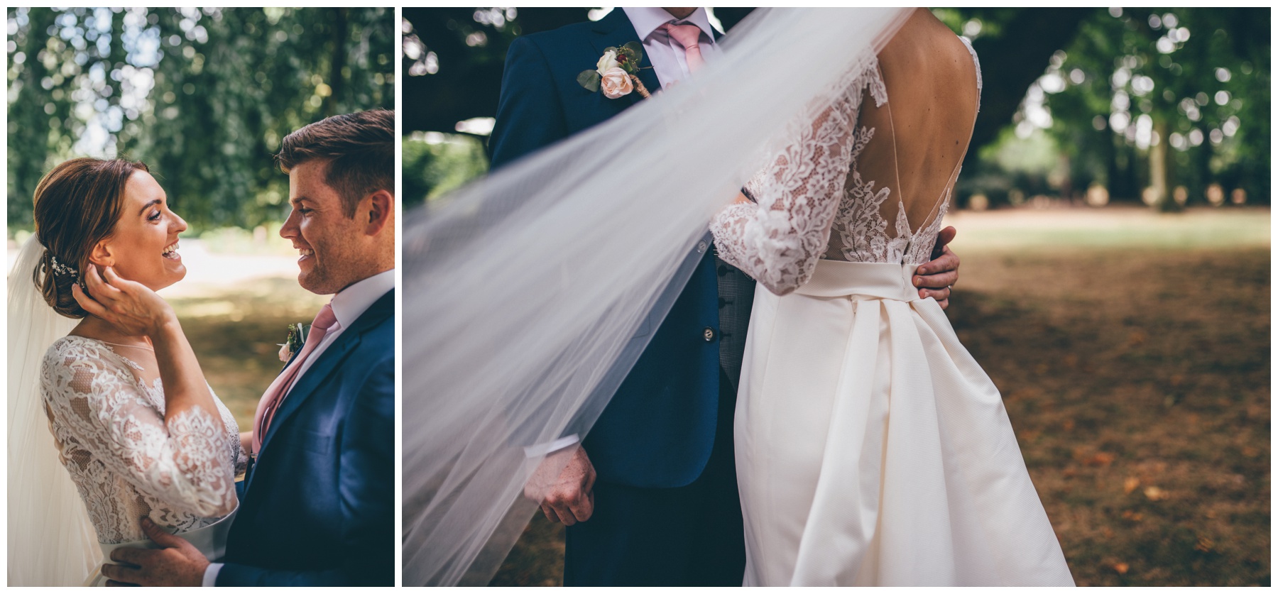 New husband and wife stand together in the beautiful grounds at Tilstone House in Tarporley.