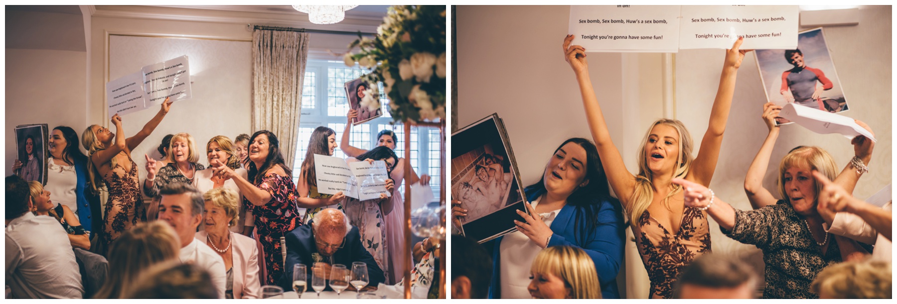 All of the grooms family do a surprise song for the groom.