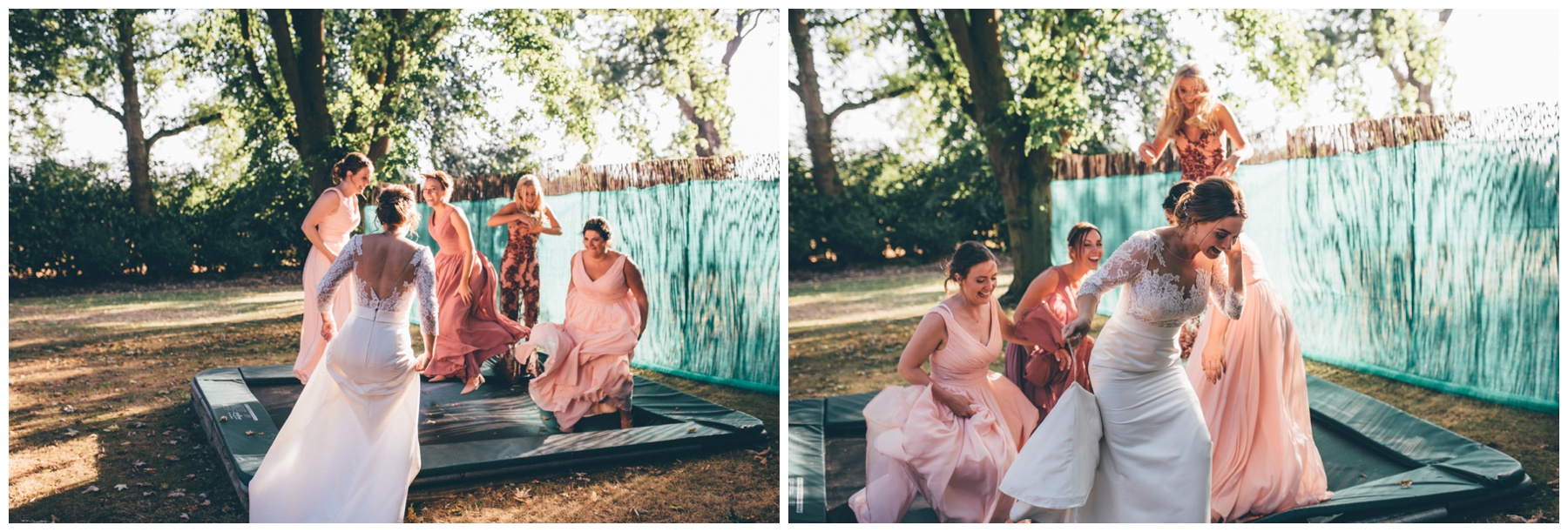 Evening reception guests have fun on a trampoline at Tilstone House.