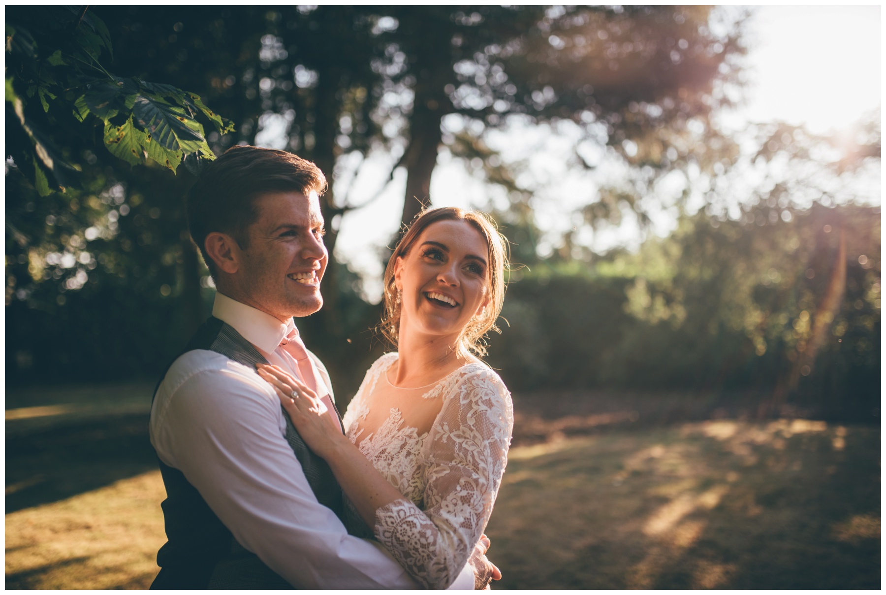 Bride and Groom in the golden hour at Tilstone House in Tarporley.