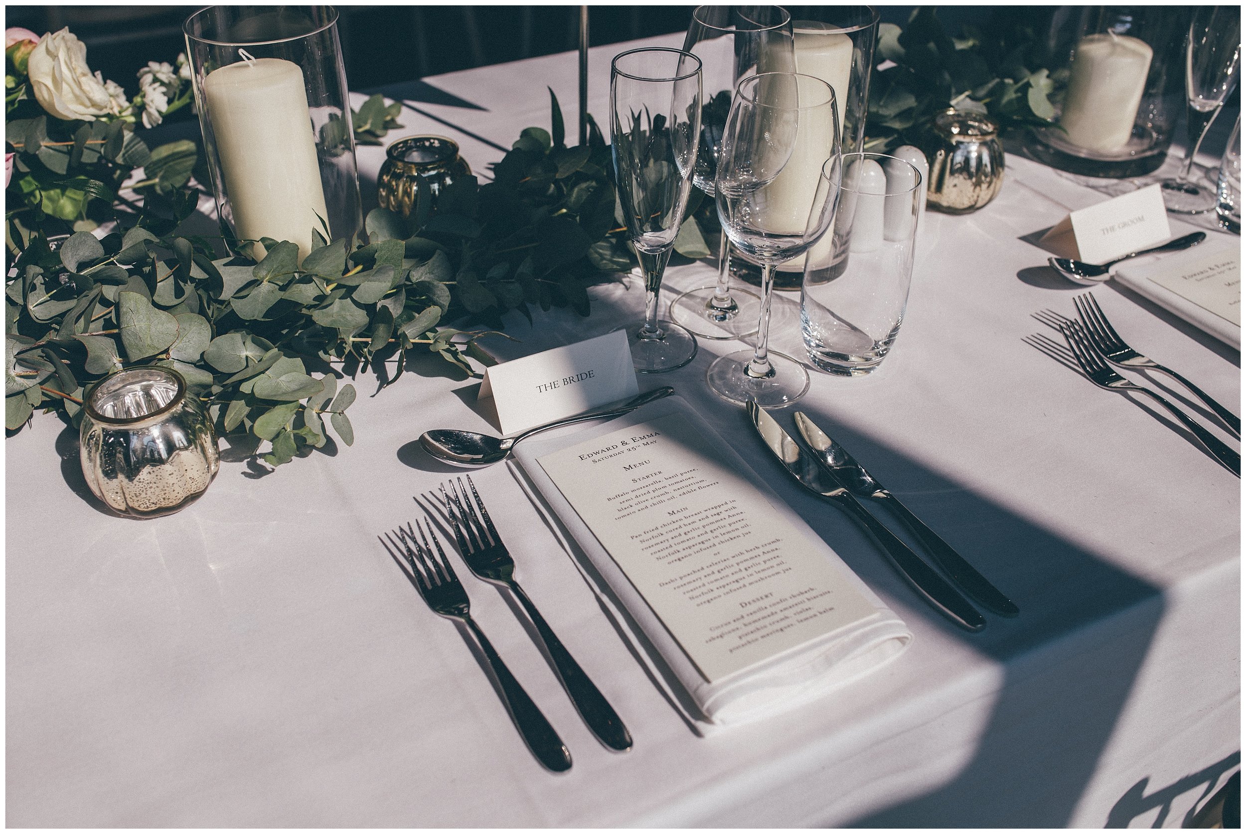 Bridal place setting at Stunning table details at Henham Park wedding barns.