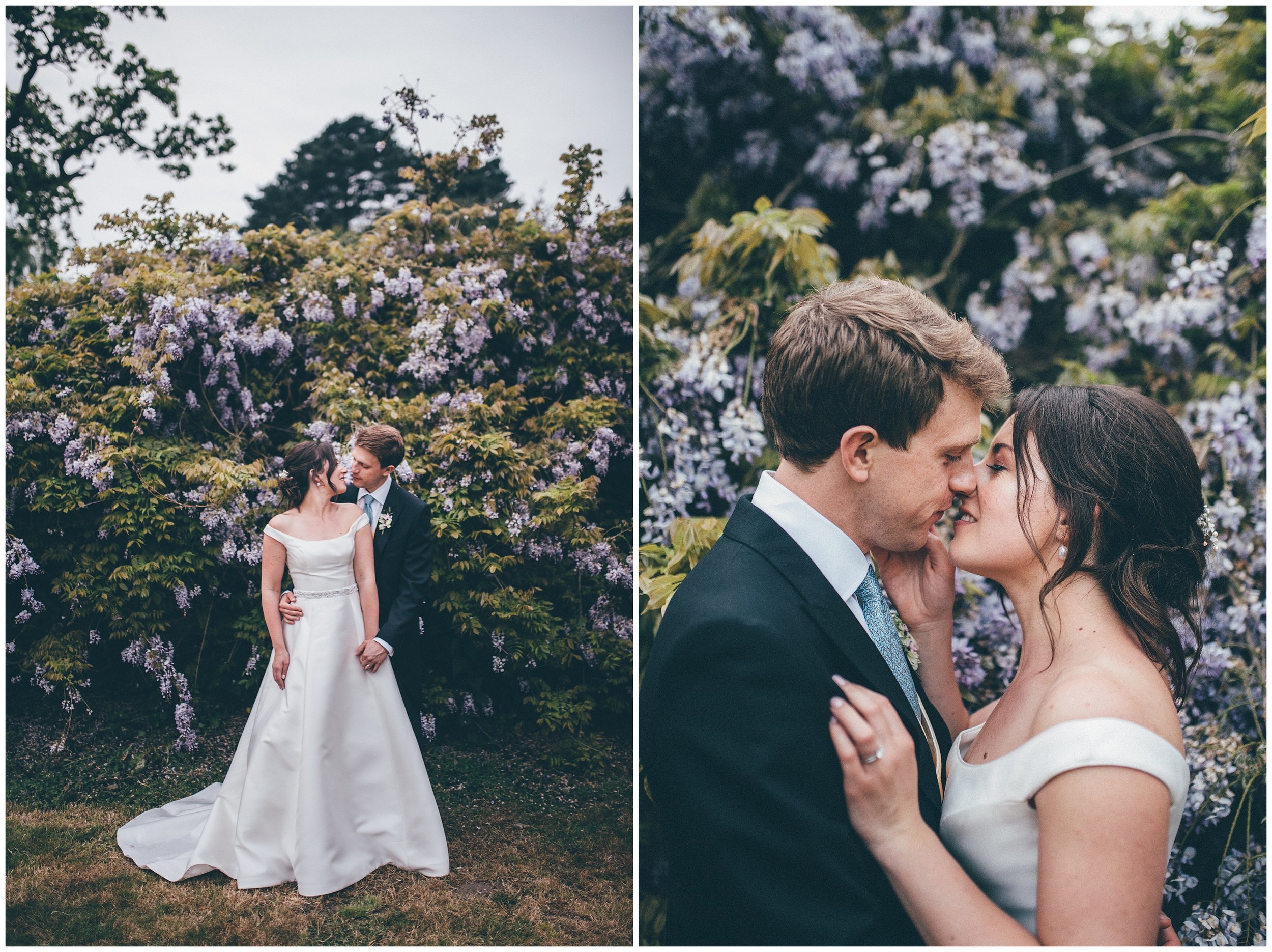 Bride and groom in front of beautiful flowers on their wedding day at Henham Park.