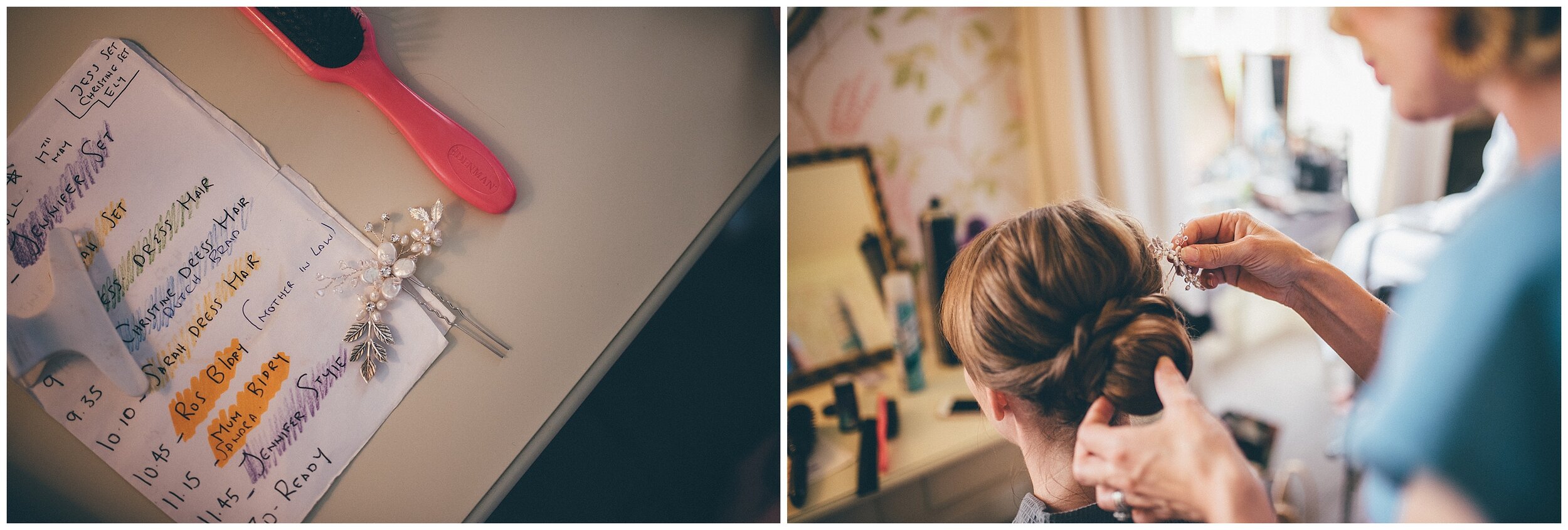 Hairdresser does bride's hair on her wedding morning.