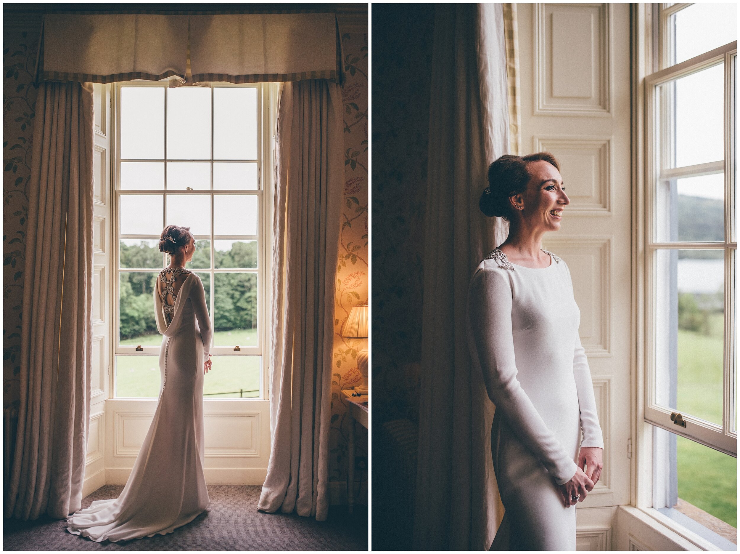 Stunning bride in her Pronovias wedding gown ahead of her wedding at Siverholme Manor in the Lake District.